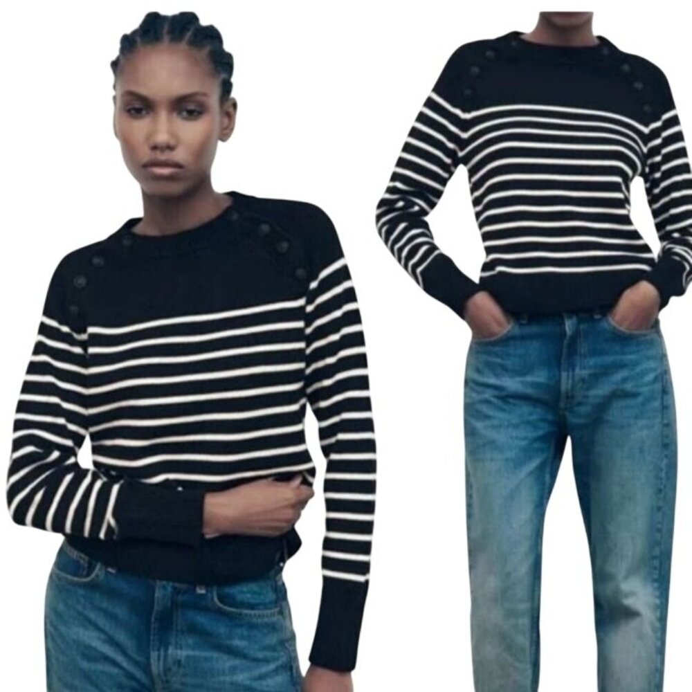 Zara Anchor Button Detail Knit Sweater‎ Black & White Stripe Size S